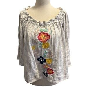 Rocks & Indigo Small Womens Linen Embroidered White Blue Stripe Sleeved Blouse $